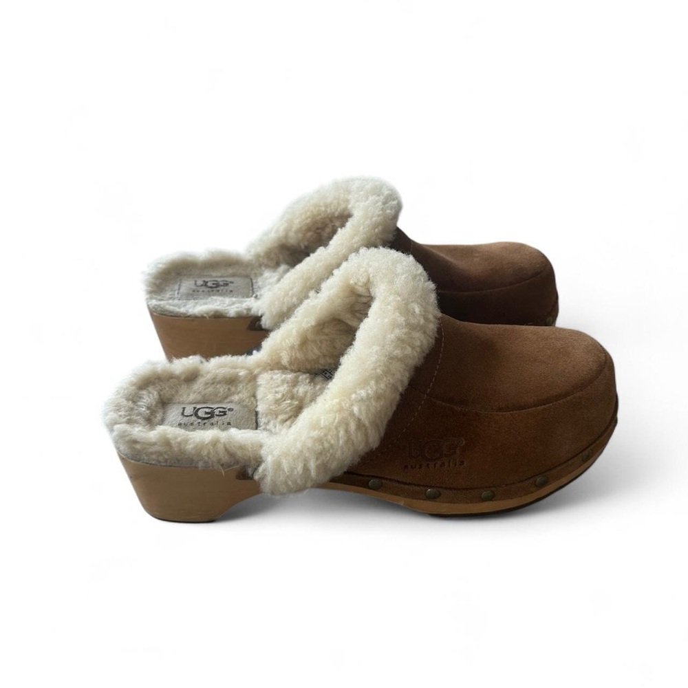 UGG Australia Brown Suede Shearling Clog Mules with Cream Lining